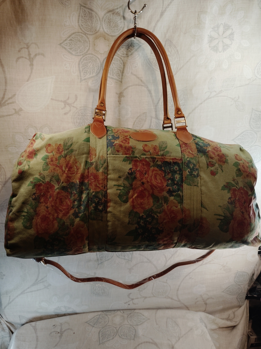GAP Green Floral Canvas Travel Weekender/Crossbody/Duffle w/Tan Handles
